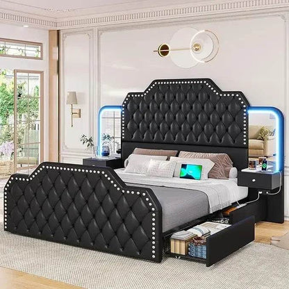 Queen Size 53” Tall Platform Bed Frame With 4 Storage Drawers Built in Charging Station & LED Bedroom Black Headboards Under Bed - MarvelouStoree