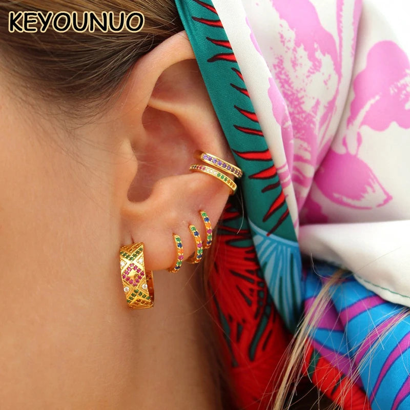 KEYOUNUO Gold Filled Stud Earrings Set For Women Ear Cuffs Colorful Zircon Dangle Hoop Earrings Fashion Party Jewelry Wholesale