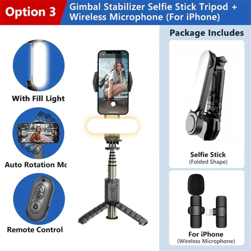 wireless Following the shooting Mode Gimbal Stabilizer Selfie Stick Tripod with Fill Light for iPhone Cell Phone Smartphone