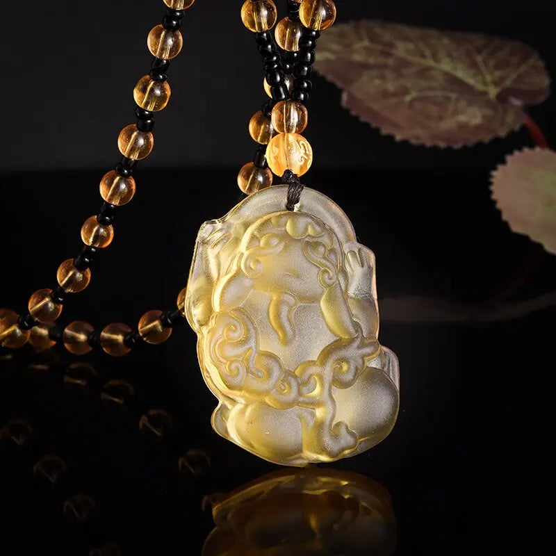 Buddhist Sakyamuni Buddha Pendant Frosted Crystal Buddha Statue Necklace Bead Chain Men and Women Amulet Jewelry