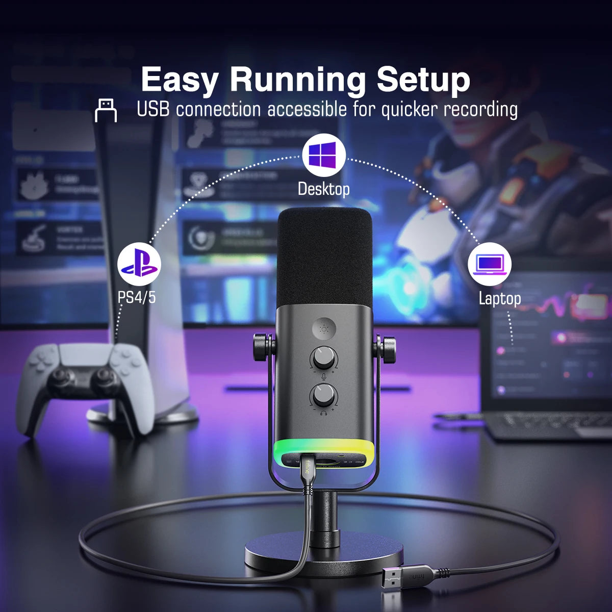 FIFINE USB/XLR Dynamic Microphone with RGB Control/Headphone jack/Mute,MIC for PC Gaming Recording Streaming AmpliGame-AM8