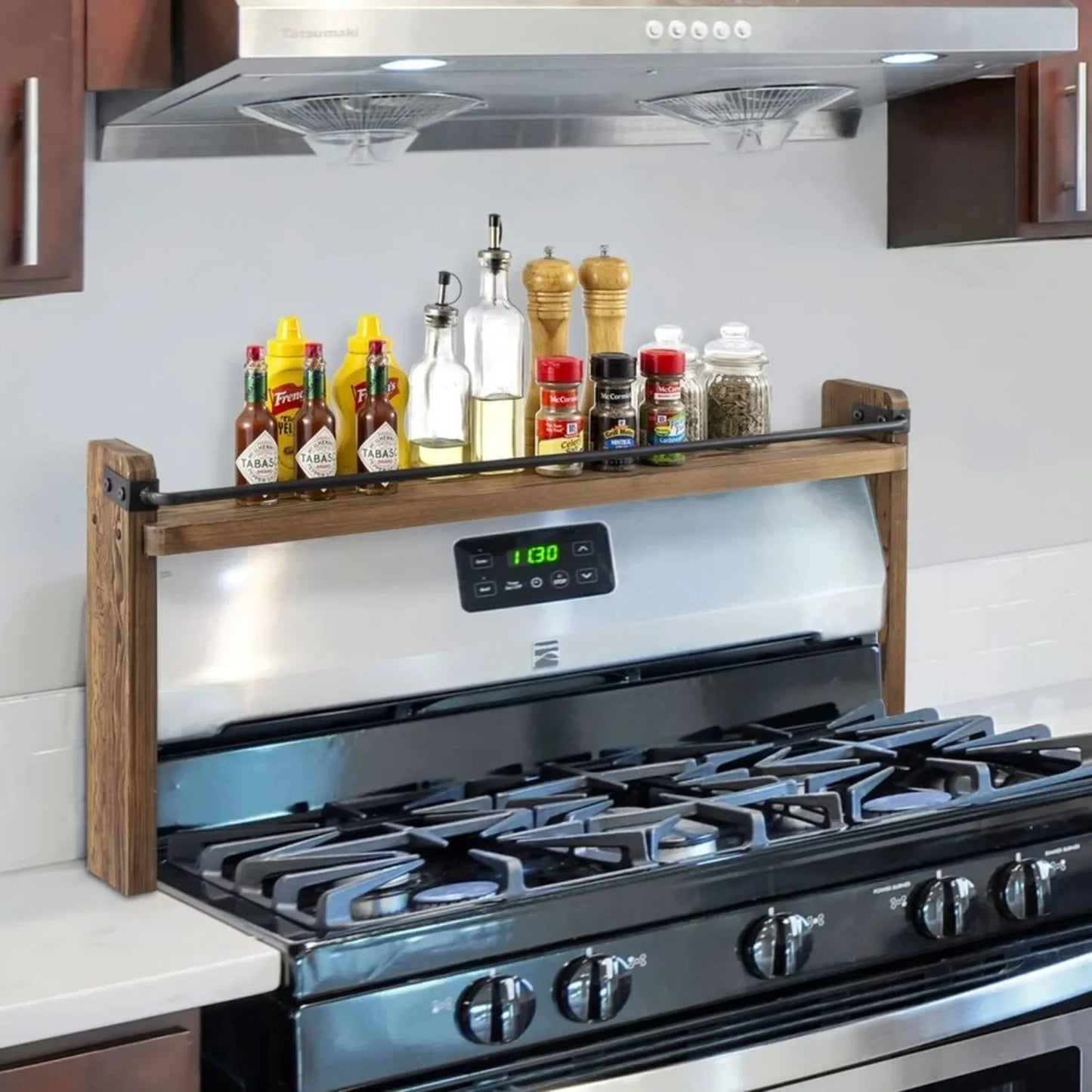 US Stove Top Spice Rack - Deluxe Rustic Burnt Solid Wood and Industrial Black Metal Space Saving Over The Stovetop