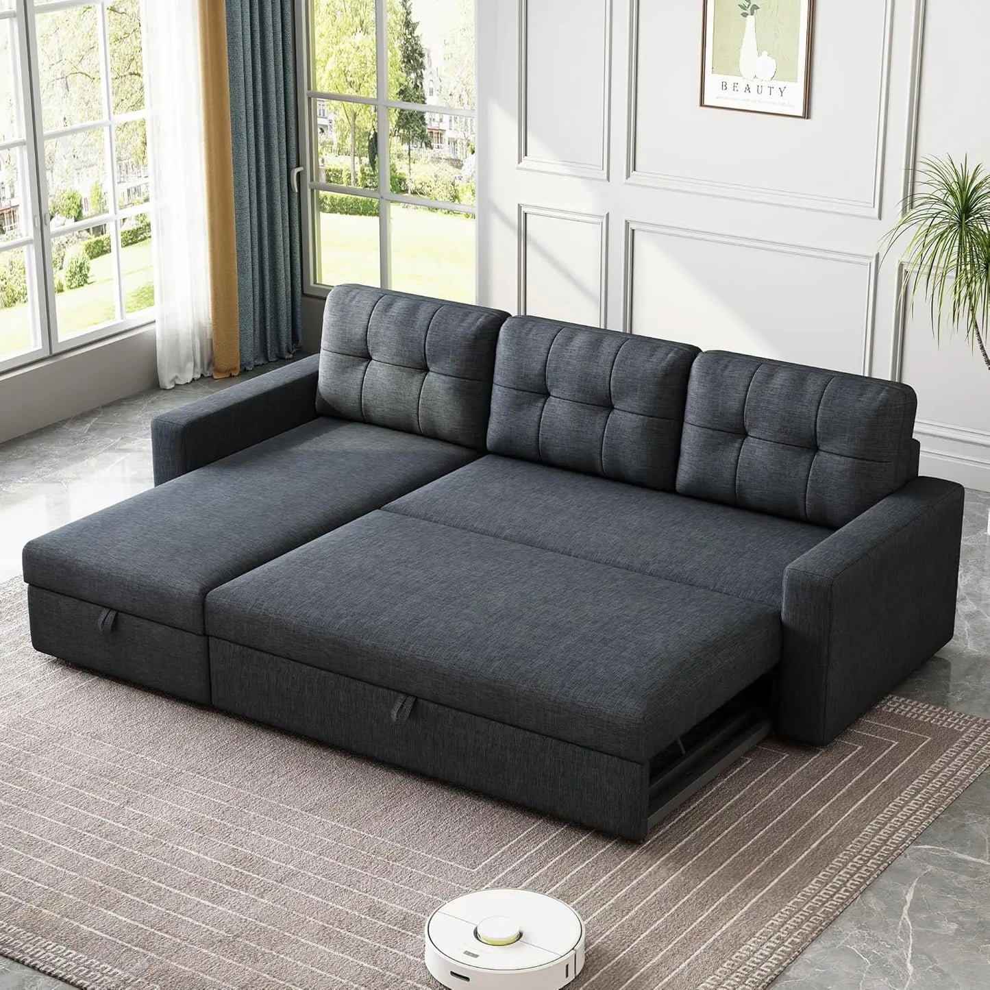 81.5" Sectional Sleeper Sofa with Storage Chaise, L Shaped Pull Out Couch Bed with 3 Removable Back Cushion for Living Room,Apar