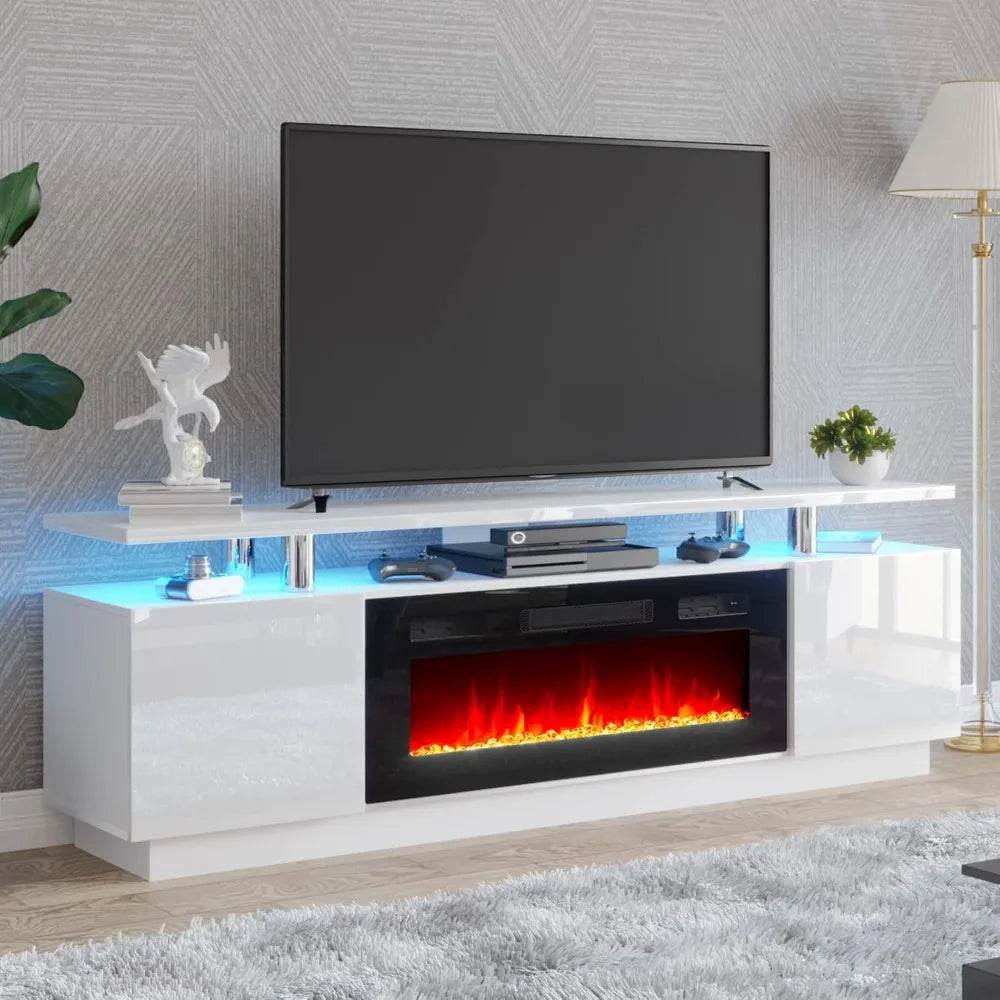 Fireplace TV Stand with Fireplace, Modern High Gloss Fireplace Entertainment Center LED Lights, 2 Tier TV Console Cabinet - MarvelouStoree