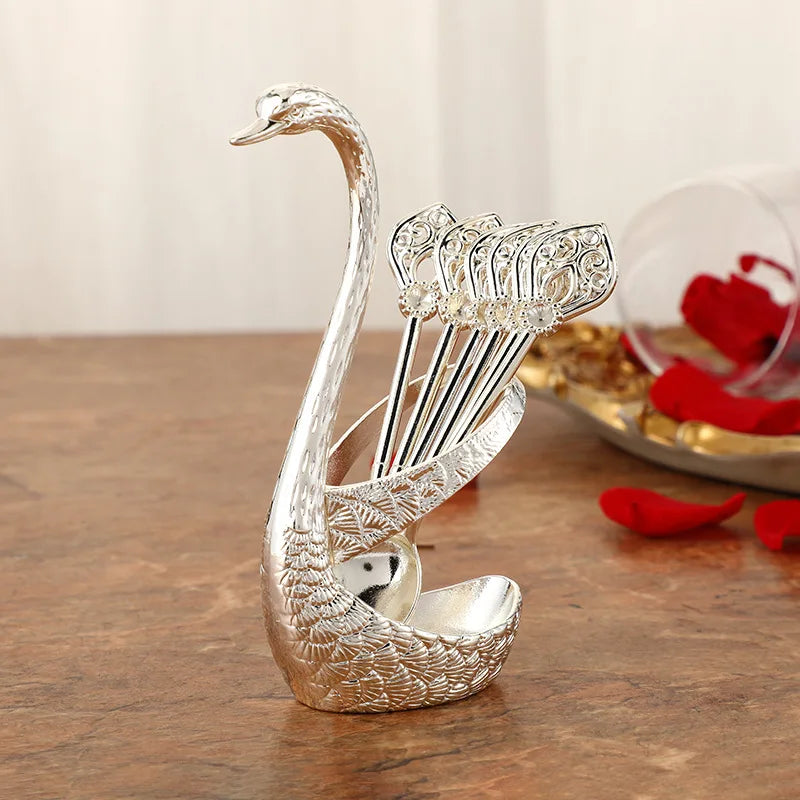 7PCS Stainless Steel Creative Dinnerware Set Decorative Swan Base Holder With 6 Spoons For Coffee Fruit Dessert Stirring Mixing