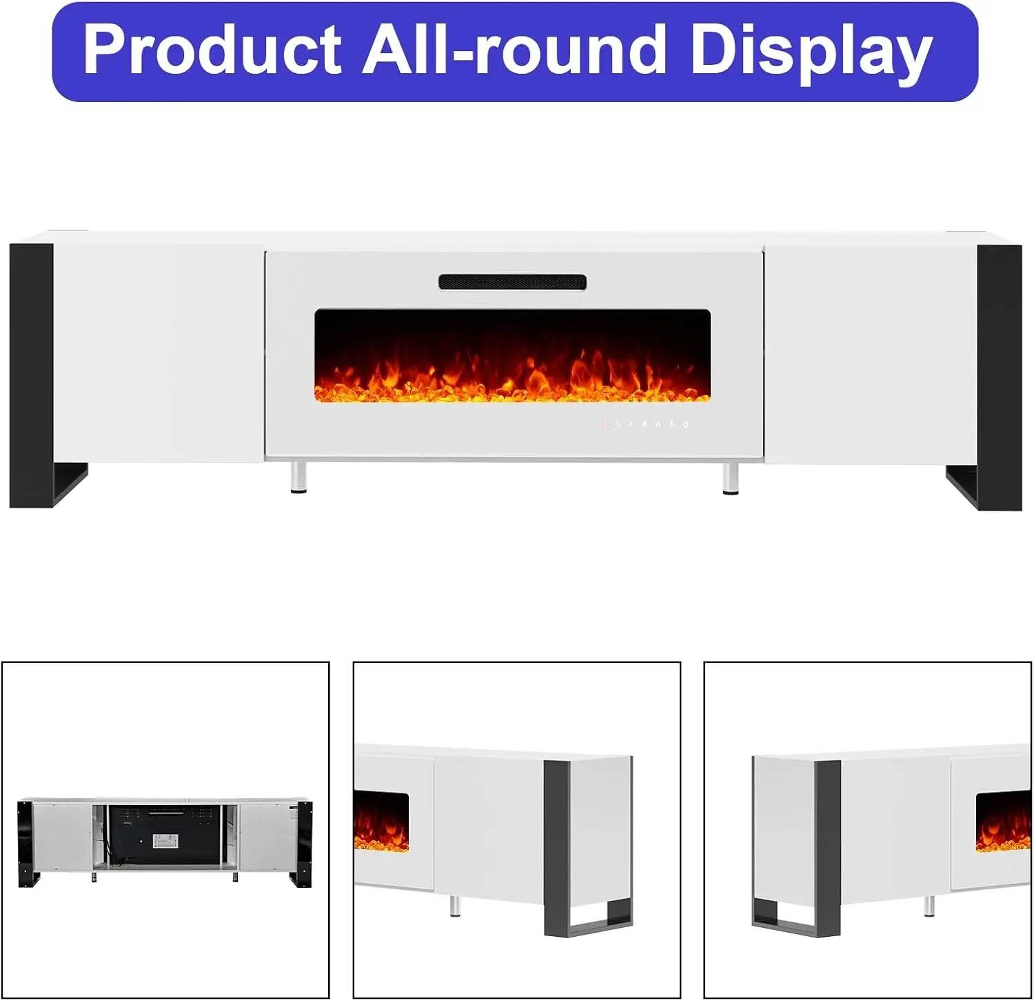 U Shaped Legs 70 inch Fireplace TV Stand Mirrored Finish Media Console with Electric Fireplace Modern LED Lights Storage White - MarvelouStoree