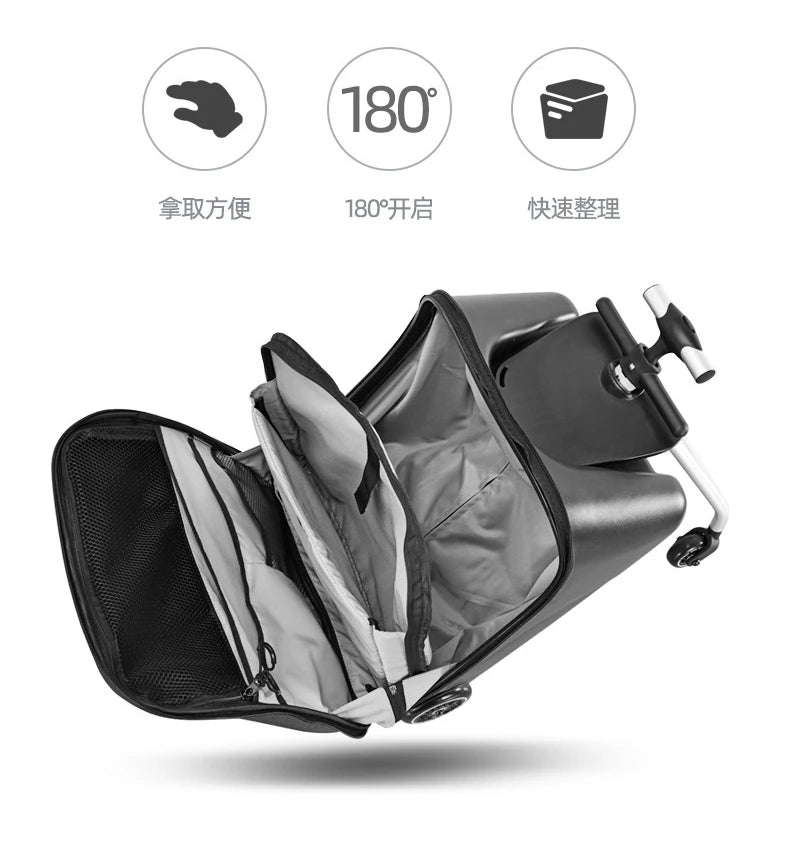 New design lazy baby sit on scooter luggage kids carry on travel suitcase bag boarding skateboard creative trolley case