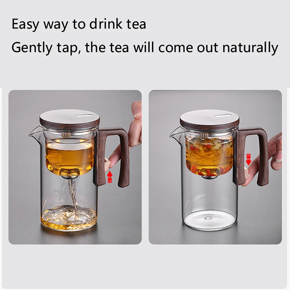 520ML/720ML Glass Teapot Water Separation Inner Container One Click Magnetic Switch Tea Filtration Tea Pot Wood Handle Cup Set