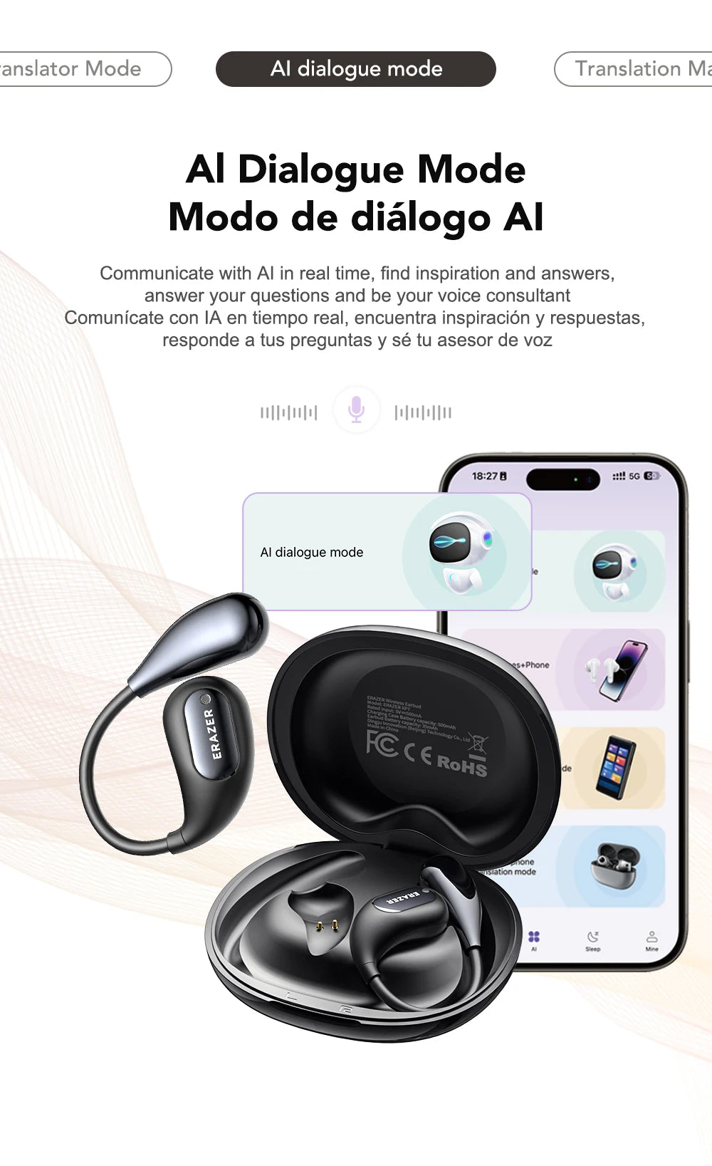 [AI Earphone] Bluetooth Earphones ERAZER XP7 Wireless Headphones ASMR Headset Equalizer APP AI Translator Earbuds Lightweight