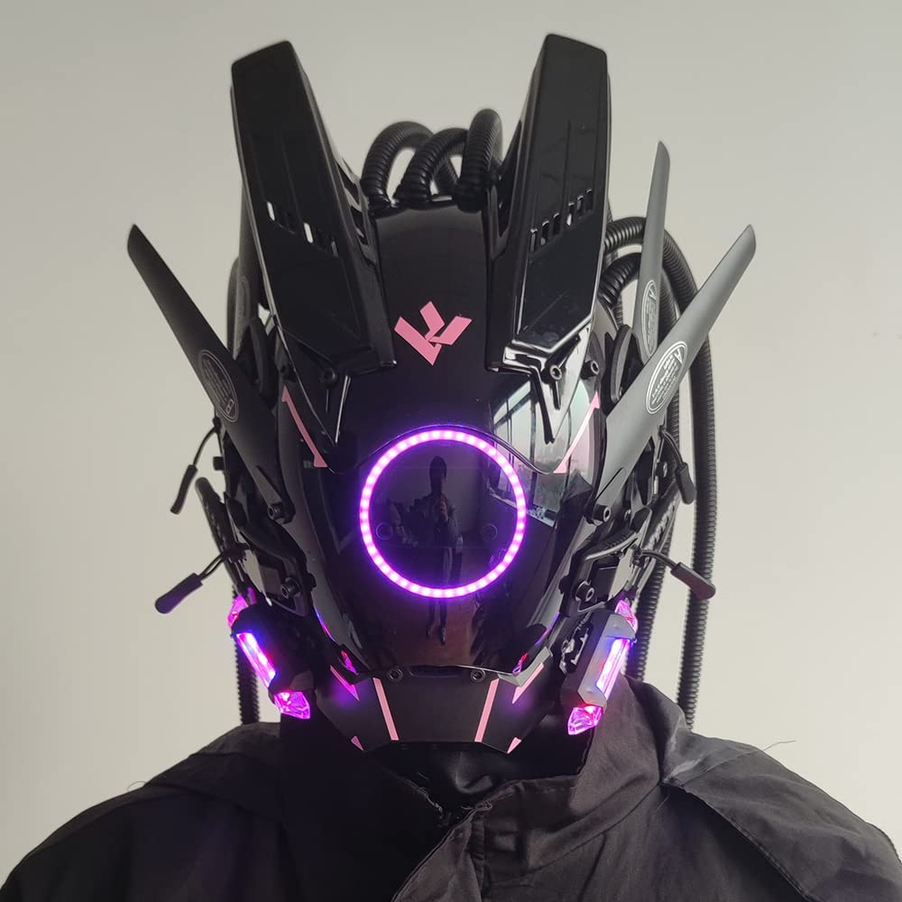 JAUPTO Cyberpunk mask  round lights with woven masks role-playing Halloween suitable for party music festival accessories