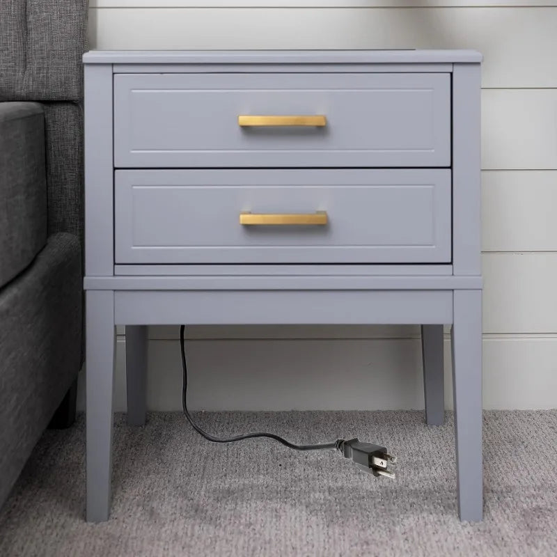 2 Drawer Side Table with Charging Station - Mid Century Modern, 2 USB Ports&2 Outlets -Multifunctional Smart Bedside Nightstand