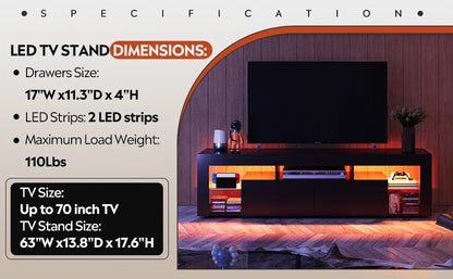 63 in TV Stand for 55/60/65/70 Inch TVs, Modern Entertainment Center with Open Shelves, Wood TV Console with 2 Storage Dra