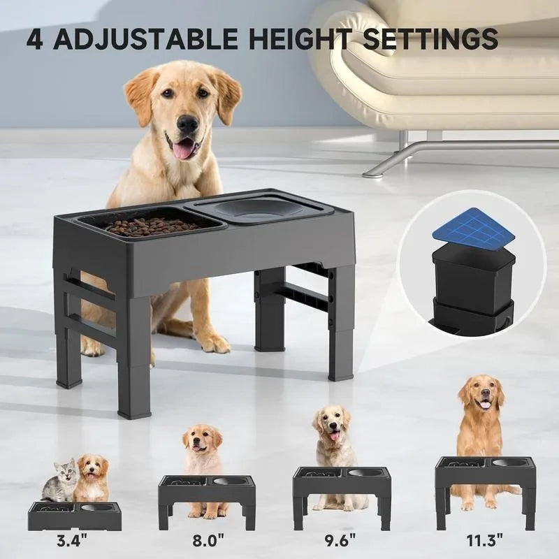 2-in-1 Elevated Slow Feeder Dog Bowls with No Spill 4 Height Adjustable Raised Non-Slip Food and Water Bowls with Stand