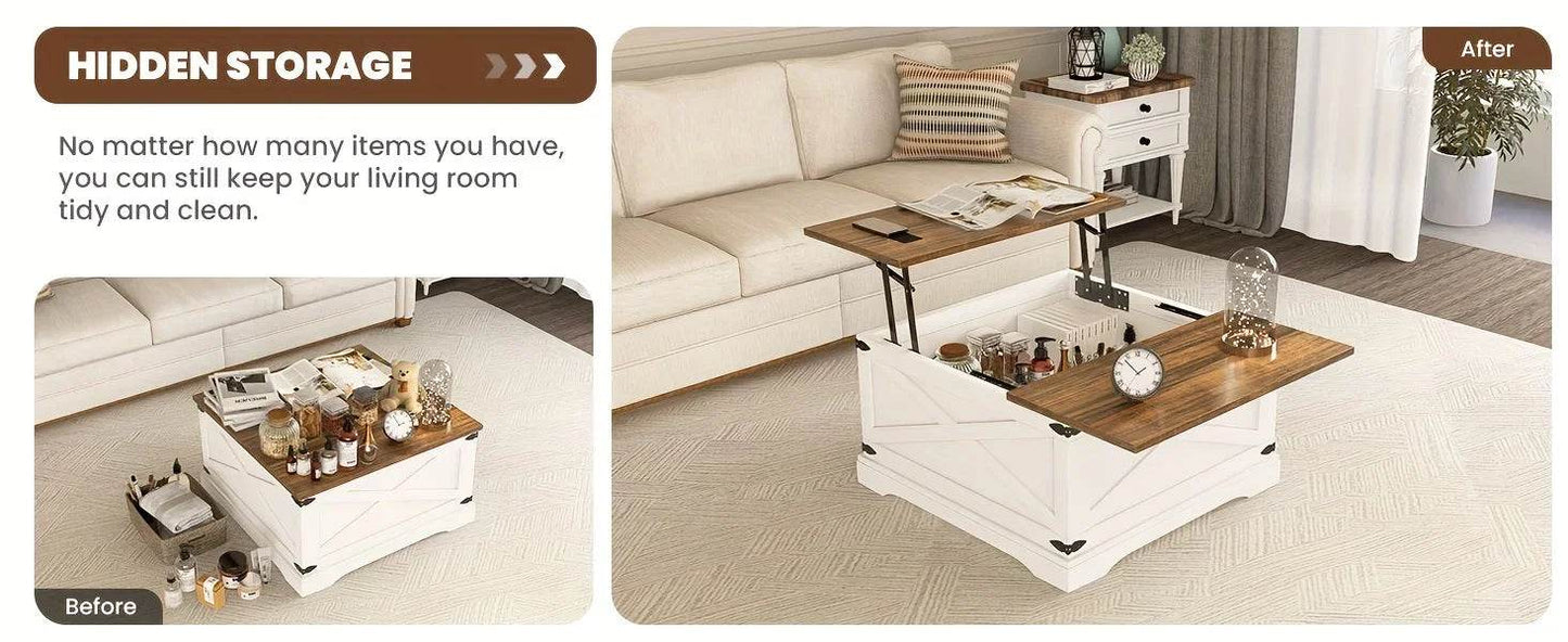 Farmhouse Square Coffee Table, Lift Top Coffee Table with Wireless Charging Station, Coffee Table with Large Hidden Storage - MarvelouStoree