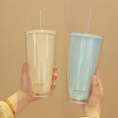 750ml Plastic Straw Cups Double-Layer with Straw Large Capacity Reusable Water Bottle for Drinking Coffee Mug Juice Milk Cup