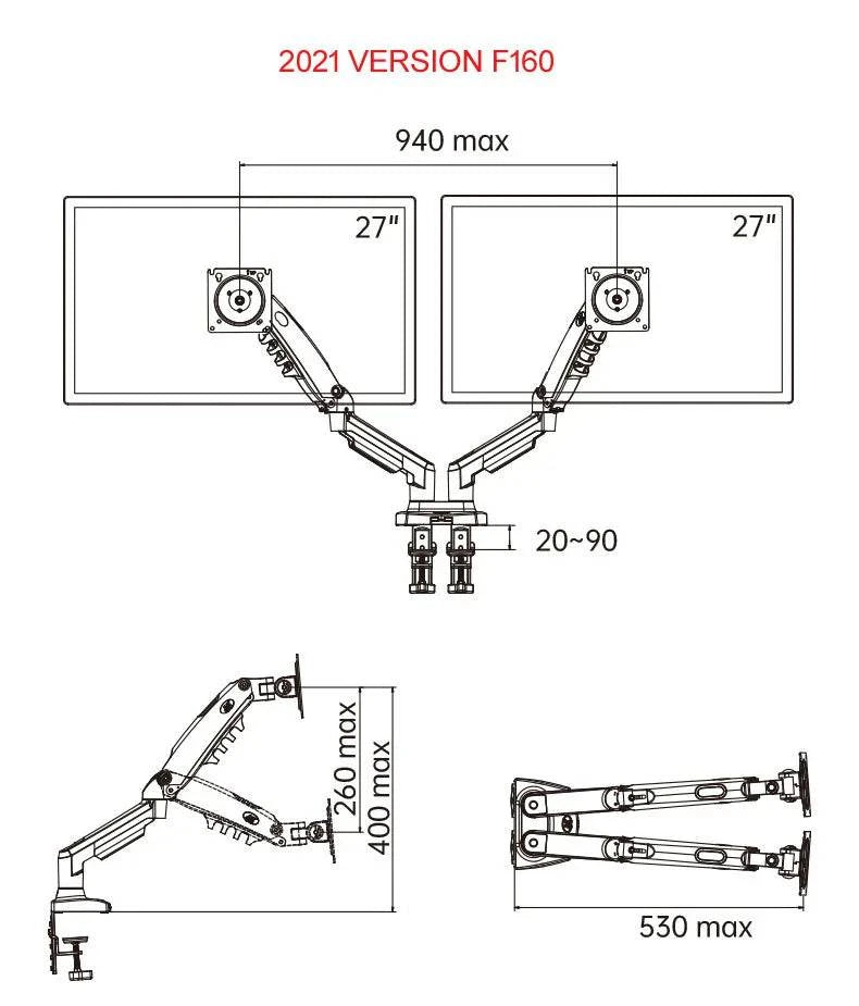 NB NEW F160 gas spring 17"-27"30" Dual Monitor Holder Arm desktop 360 rotate computer holder 2-9KG Monitor bracket USB3.0 port