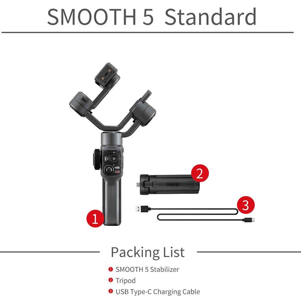 Zhiyun Smooth 5 Smartphone 3-axis Handheld Stabilizer Gimbal Covered with Grip Tripod for iPhone / Samsung / Huawei /Xiaomi