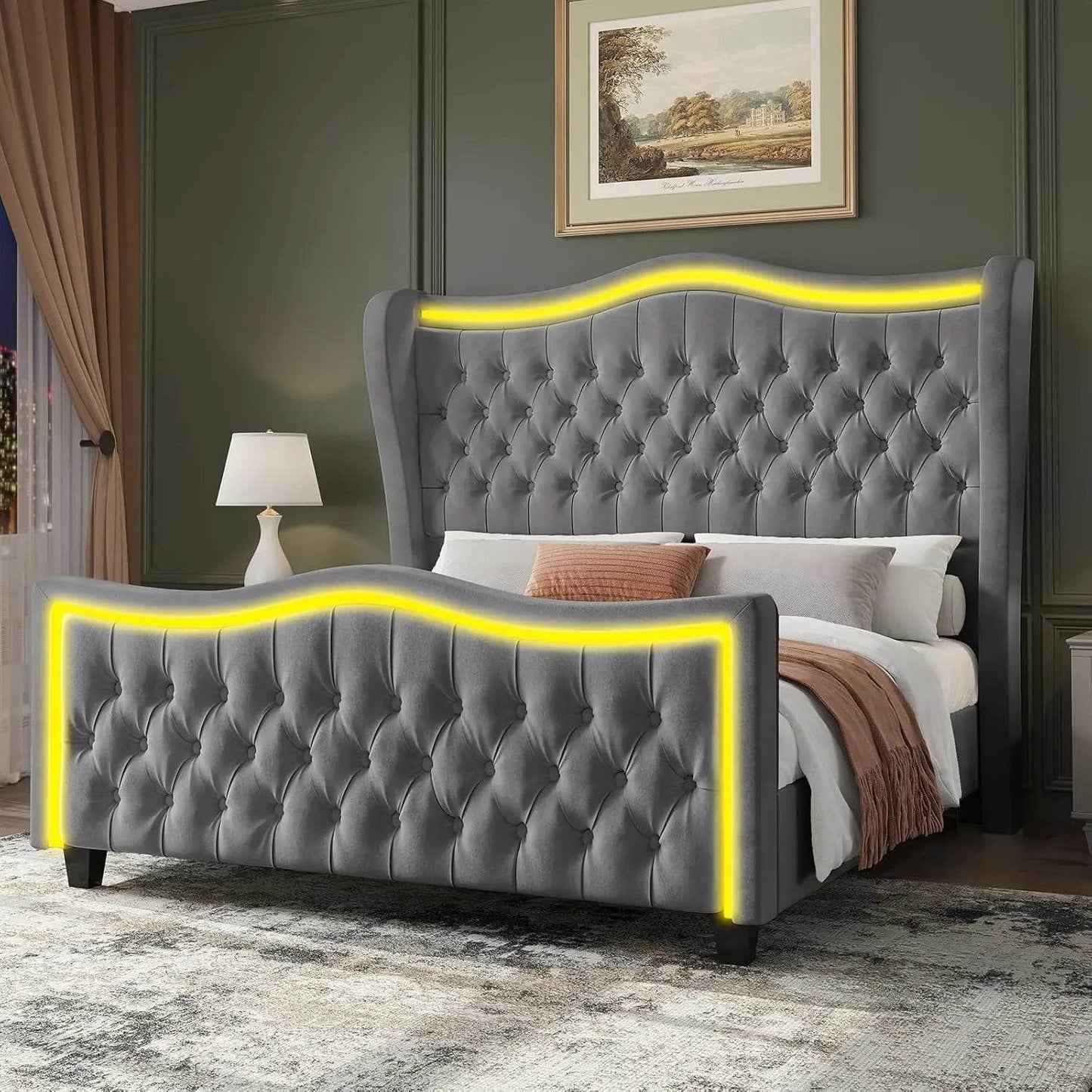 King Size Bed Frame with LED Lights, 53'' Upholstered Platform Wingback Bed with Handmade Deep Button Tufted Headboard Footboard - MarvelouStoree