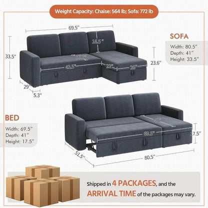 Sectional Sofa L-Shaped Sofa Couch Bed w/Chaise & USB, Reversible Couch Sleeper w/Pull Out Bed & Storage Space, 4-seat Fabric - MarvelouStoree