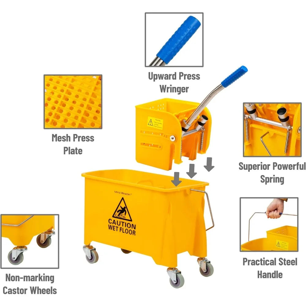 Mind Reader Mop Bucket with Wringer, 22 Qt (5.5 Gallon), Floor Cleaning, Handle, Wheels, 16.25"L x 10.75"W x 24.5"H, Yellow