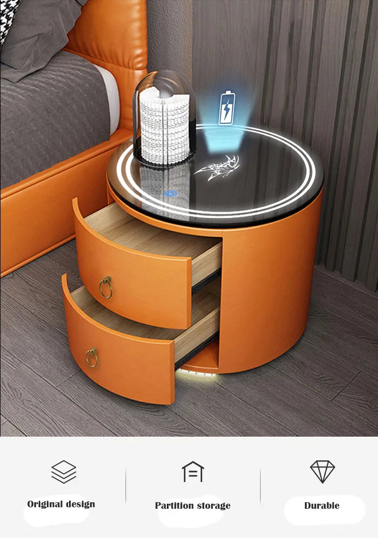 Round Bedside Table Nightstands Intelligent Audio Password Fingerprint Wireless Charging Wood Home Bedroom Chevet De Lit Meuble