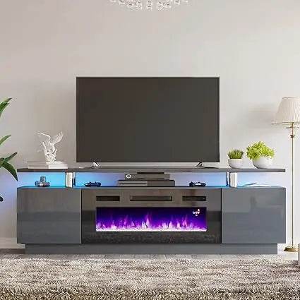 Fireplace TV Stand with Fireplace, Modern High Gloss Fireplace Entertainment Center LED Lights, 2 Tier TV Console Cabinet - MarvelouStoree