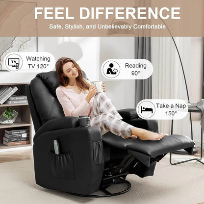 Rocking Chair with Massage and Heat, 360° Swivel Recliner Chairs for Adults, Rocker Manual Recliner with Remote Control - MarvelouStoree