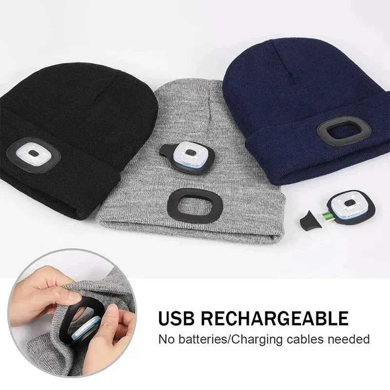 USB Rechargeable Hands Free 6 LED Headlamp Cap Winter Wireless Music Multi-function Night Lighted Hat Flashlight Women Men Caps