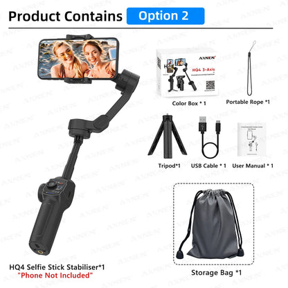 AXNEN HQ4 Smartphone Stabilizer Built-in Selfie Stick, Handheld 3-Axis Phone Gimbal for iPhone Pro Max Android Mobile CellPhone