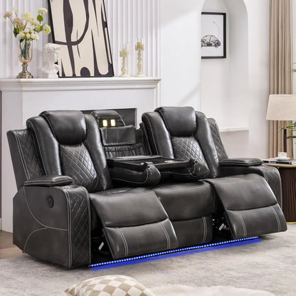 3 Seats Power Reclining Sofa with Wireless Charger,LED Floor Lights,Reading Light, Drop-down Table, USB/Type-C Port (Model:M070)