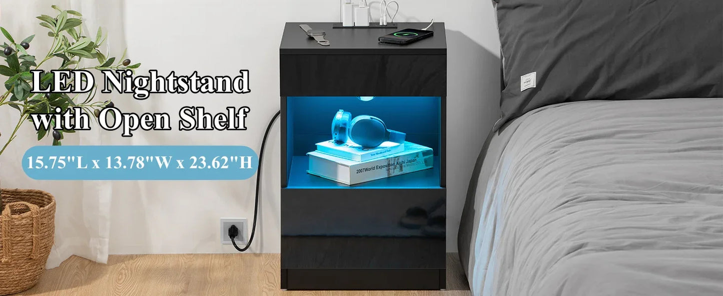 Open Shelf LED Nightstand with Charging Station 2 Drawers Bedside Table Black Night Stand with Storage Smart Nightstands