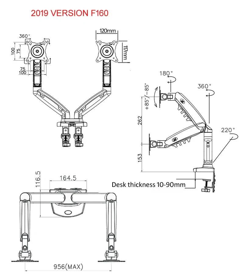 NB NEW F160 gas spring 17"-27"30" Dual Monitor Holder Arm desktop 360 rotate computer holder 2-9KG Monitor bracket USB3.0 port