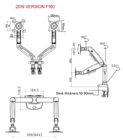 NB NEW F160 gas spring 17"-27"30" Dual Monitor Holder Arm desktop 360 rotate computer holder 2-9KG Monitor bracket USB3.0 port