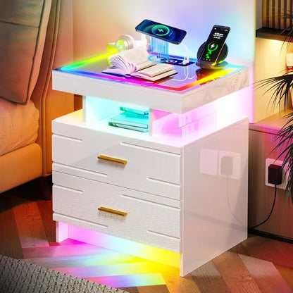 Set of 2 Nightstand with Wireless Charging Station LED Lights Night Stand with 2 Drawers Glossy Smart Bedside Table