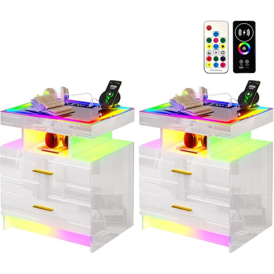 Set of 2 Nightstand with Wireless Charging Station LED Lights Night Stand with 2 Drawers Glossy Smart Bedside Table