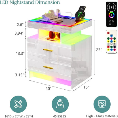 Set of 2 Nightstand with Wireless Charging Station LED Lights Night Stand with 2 Drawers Glossy Smart Bedside Table