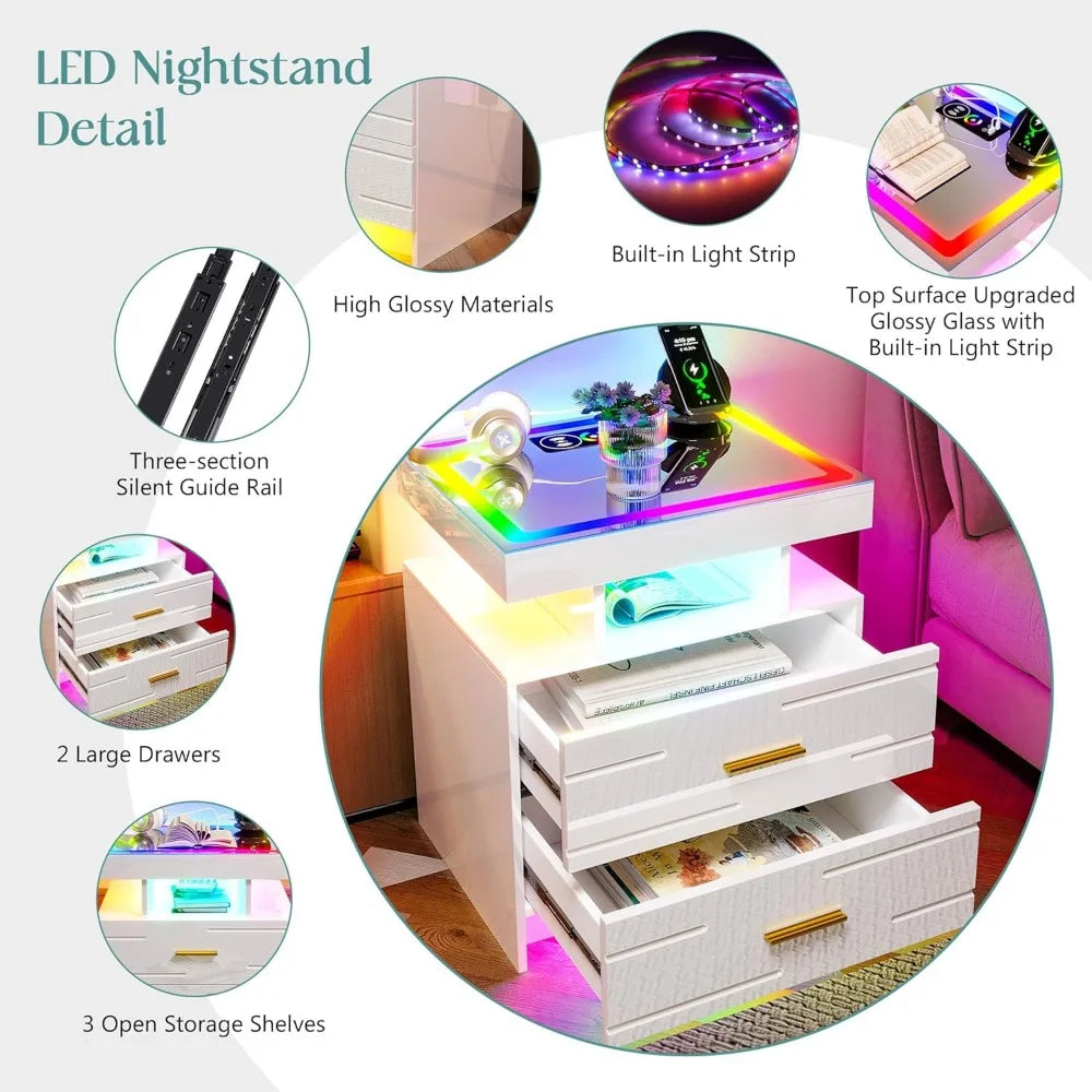 Set of 2 Nightstand with Wireless Charging Station LED Lights Night Stand with 2 Drawers Glossy Smart Bedside Table