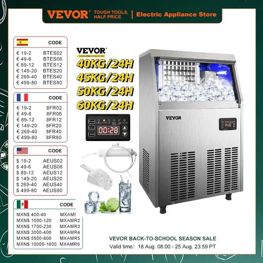 VEVOR Commercial Cube Ice Maker 40-70 KG/24H Freestanding Auto Clear Liquid Freezer Ice Generator Machine 110V Home Appliance