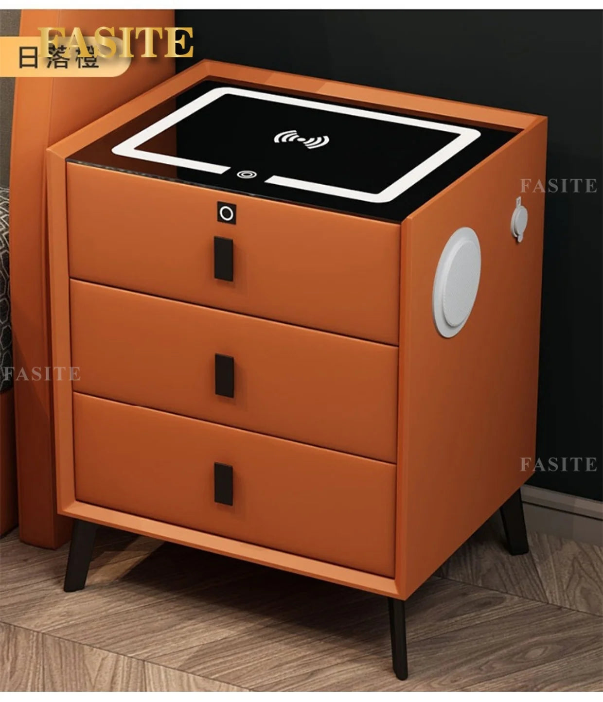 3 Drawers Smart Bedside Table with Wireless Charging Solid Wood Bedroom End with Fingerprints Lock Hotel Nightstands