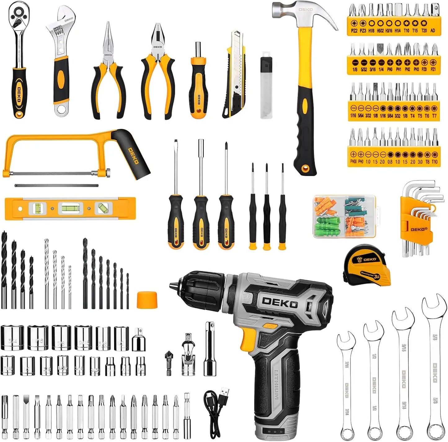 Kit Box Drill Set：Home Mechanic Toolbox with 12V Power Cordless Drill Hand Repair Tools Sets Combo Kits Storage Org