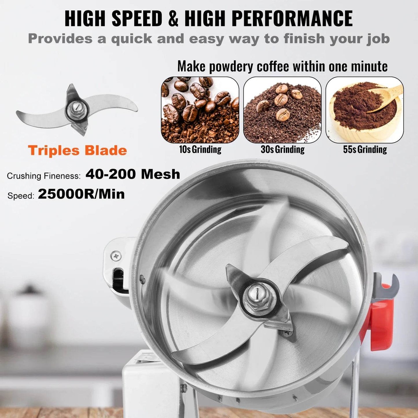 VEVOR Electric Grain Mill Grinder Stainless Steel Pulverizer Powder Machine for Dry Herbs Grains Spices Cereals Coffee Corn - MarvelouStoree