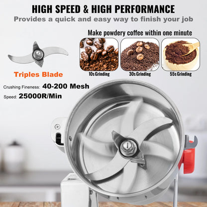 VEVOR Electric Grain Mill Grinder Stainless Steel Pulverizer Powder Machine for Dry Herbs Grains Spices Cereals Coffee Corn