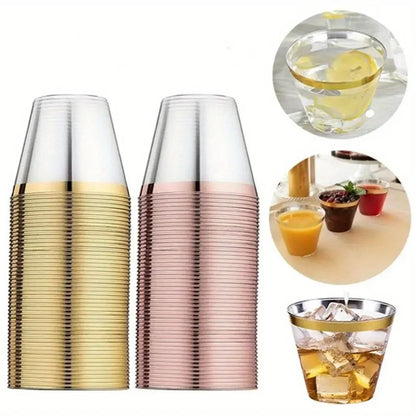 100pcs disposable plastic cups with rose gold and silver edges, 9oz, perfect for weddings, birthday parties, and tableware,