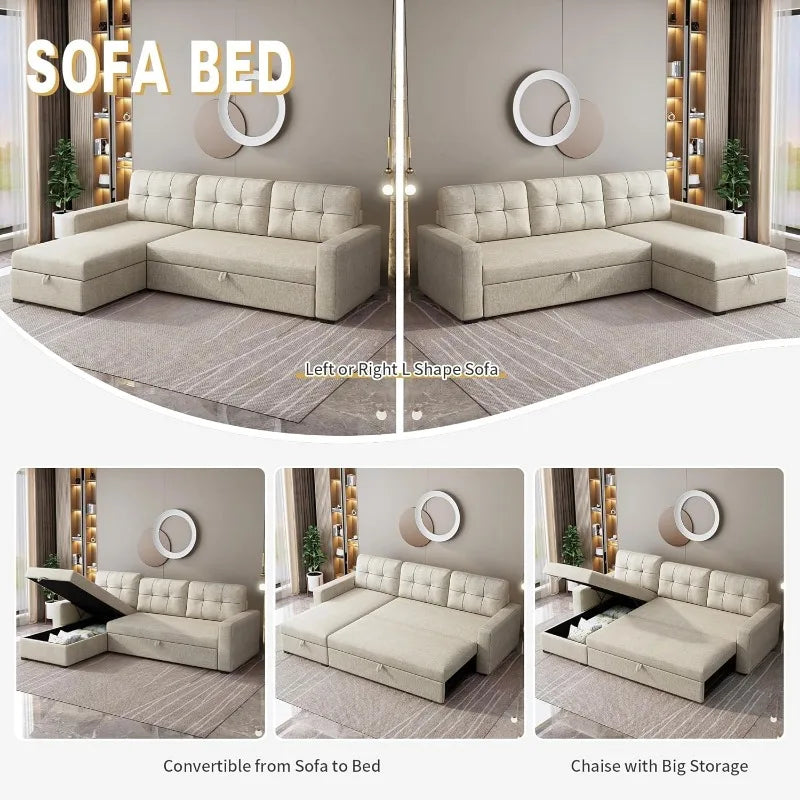 81.5" Sectional Sleeper Sofa with Storage Chaise, L Shaped Pull Out Couch Bed with 3 Removable Back Cushion for Living Room, Apa