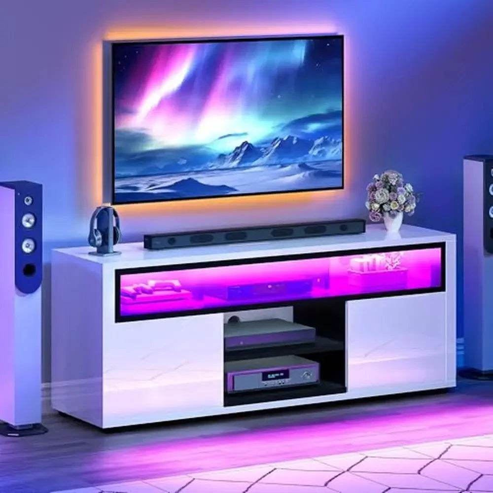 Modern White LED TV Stand Entertainment Center with Storage 65 inch TV Console High Gloss Wood Shelf Cabinet Black Legs 300 lbs - MarvelouStoree