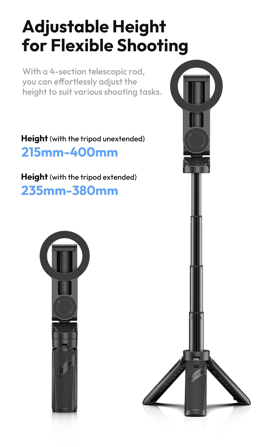 Ulanzi JJ03 Dual-sided Magnetic Phone Tripod Smartphone Grip Selfie Stick with Remote Vlog Tripod for Photography Video Vlog