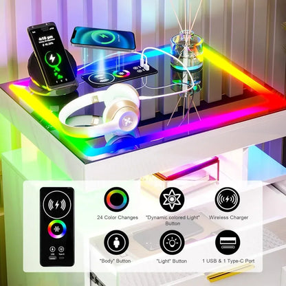 LED Nightstand Set of 2, Modern Bedside Table, Wireless Charging Station, USB Ports, High Gloss Smart Night Stand, RGB