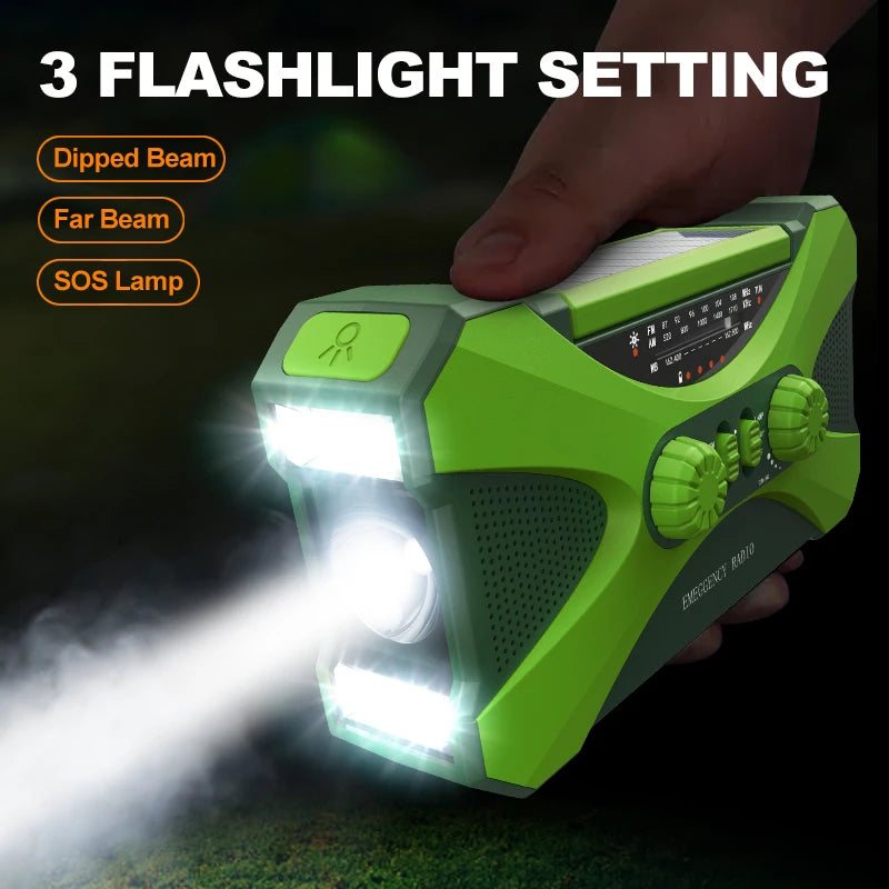 Emergency Flashlight Torch 10000mAh Power Bank Rechargeable Radio Hand Crank Solar USB AM/FM/NOAA Weather Radios Home Outdoors