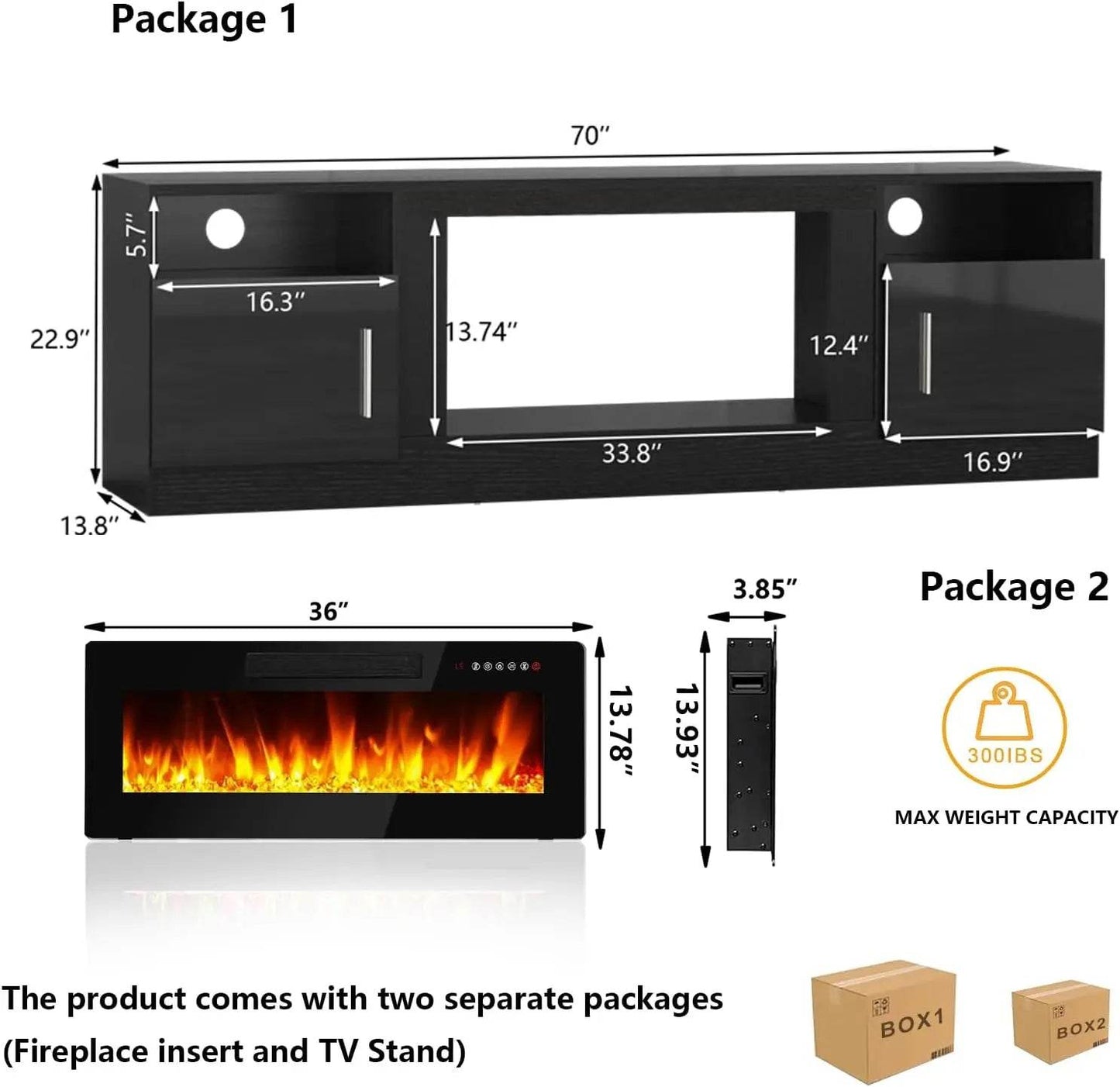 TV Stand 70'' with LED Light and Storage & Highlight Cabinet, Floating Fireplace Modern Wood Media TV Console - MarvelouStoree