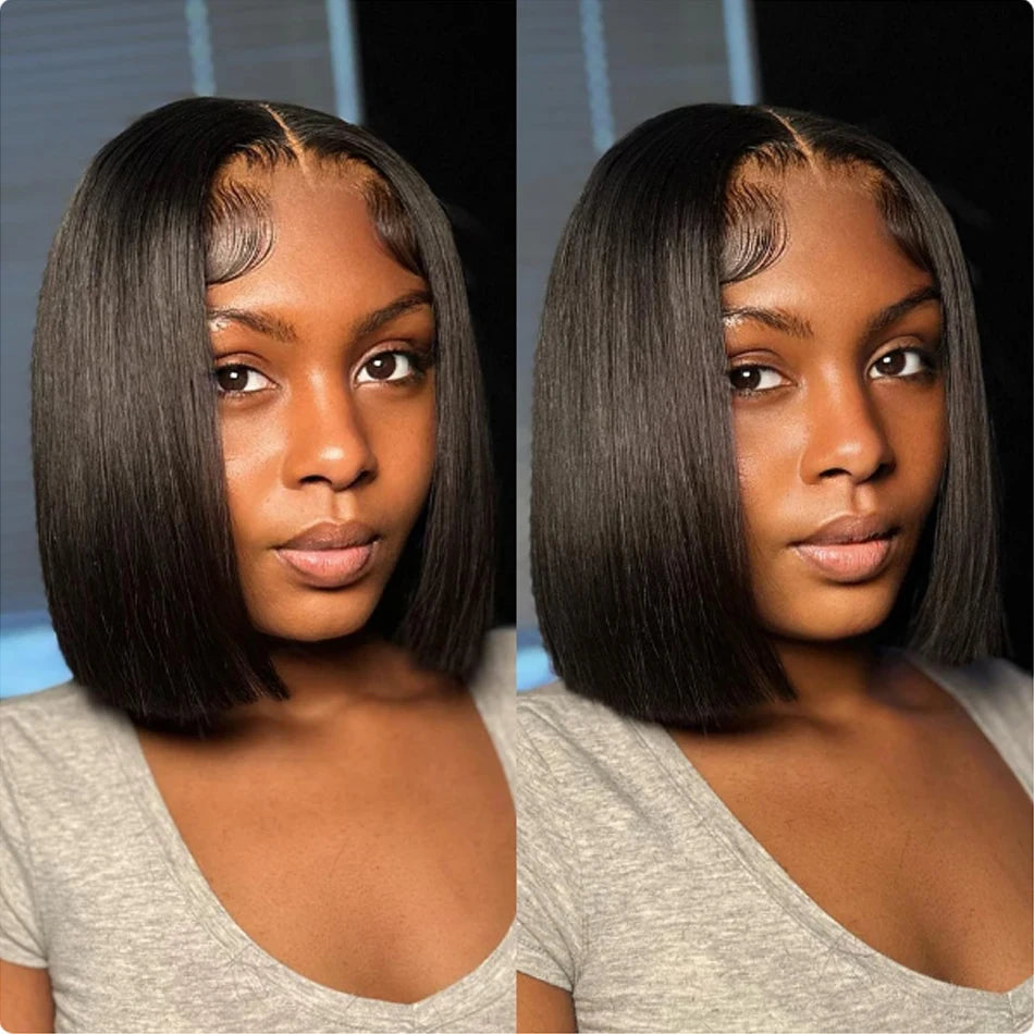 14Inch Wear And Go Glueless Wigs Short Straight Human Hair Bob Straight PreCut Lace Frontal Wigs Upgraded No Glue Wigs For Women